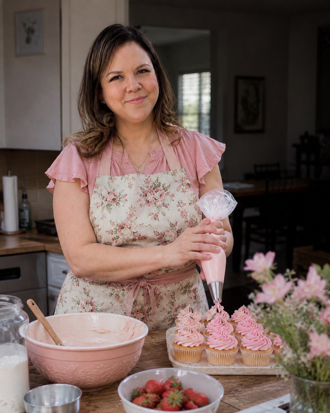 Stephanie, owner and baker behind Stephanie's Cakes in San Antonio, piping fresh pink buttercream onto cupcakes in her home kitchen.